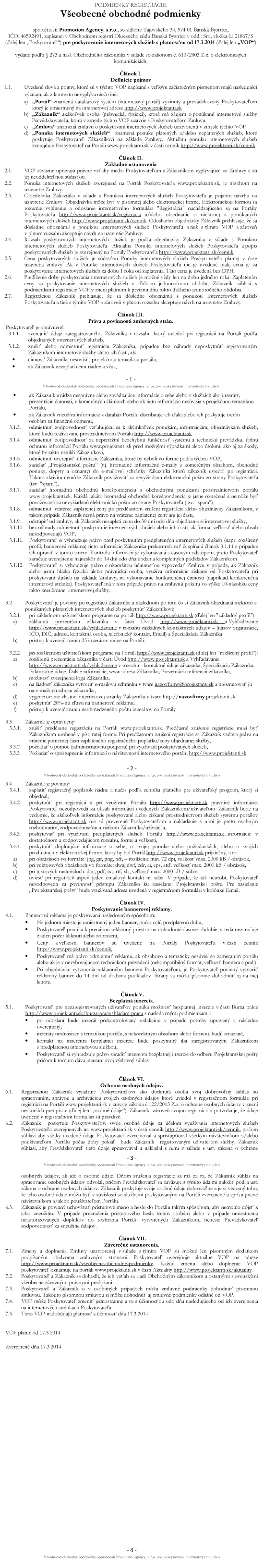 Všeobecné obchodné podmienky - zoznam projektantov